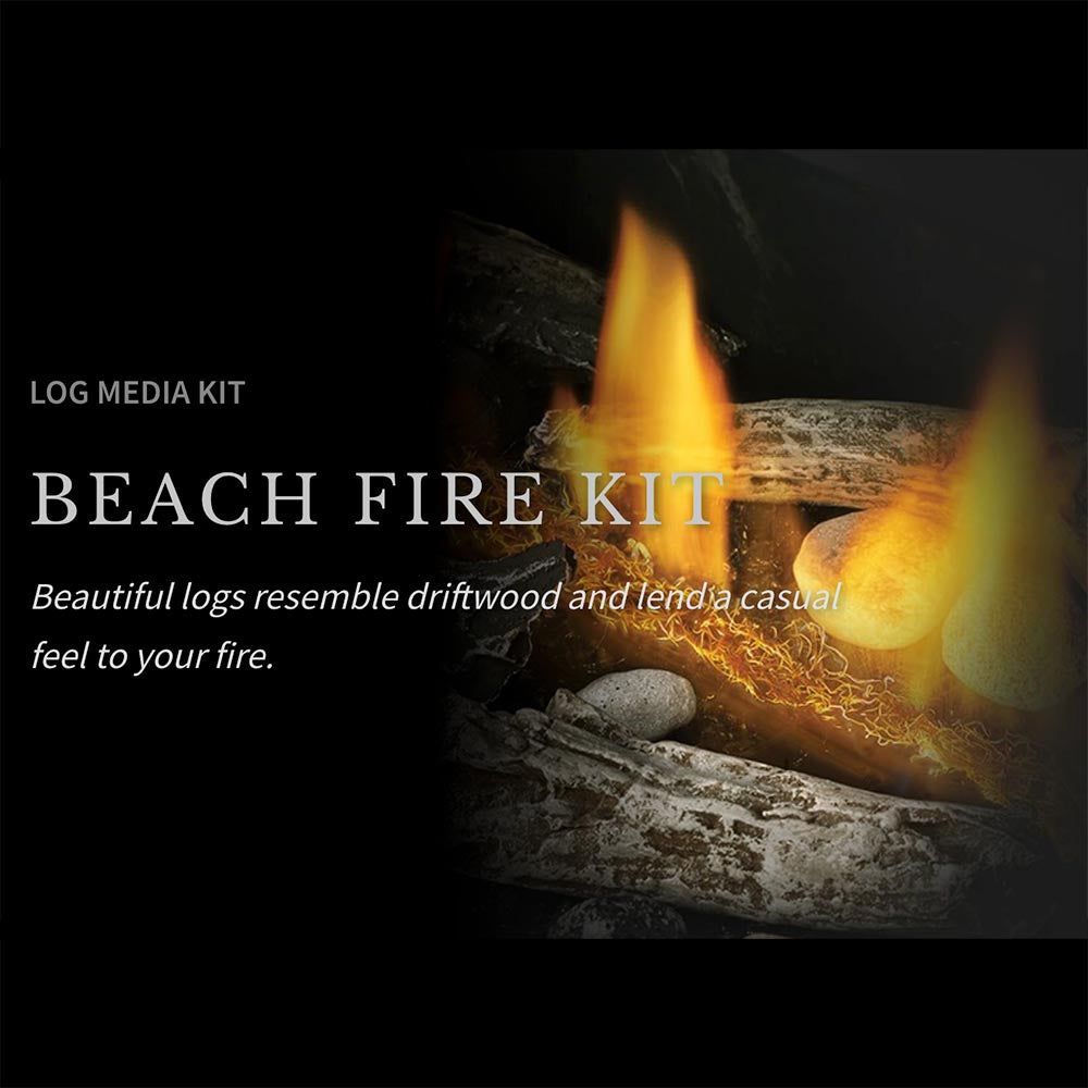 Gas fireplace log media kit with glowing driftwood-style logs and bright flames