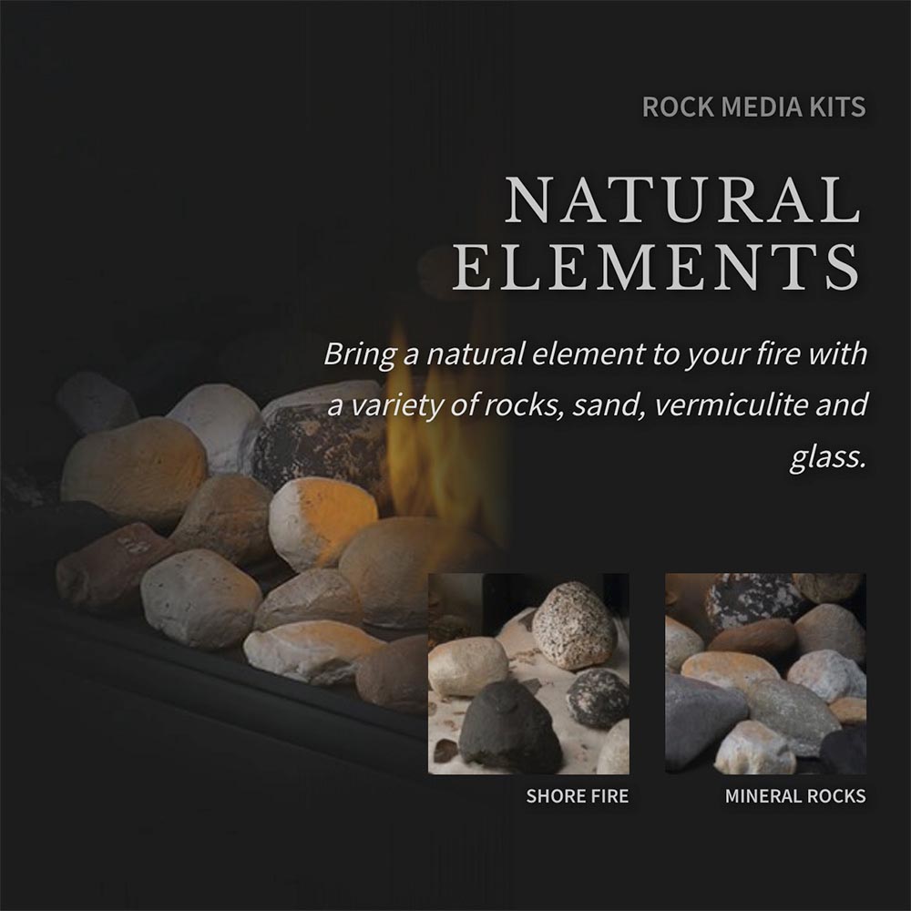 Gas fireplace rock media kit with decorative stones and glowing flames