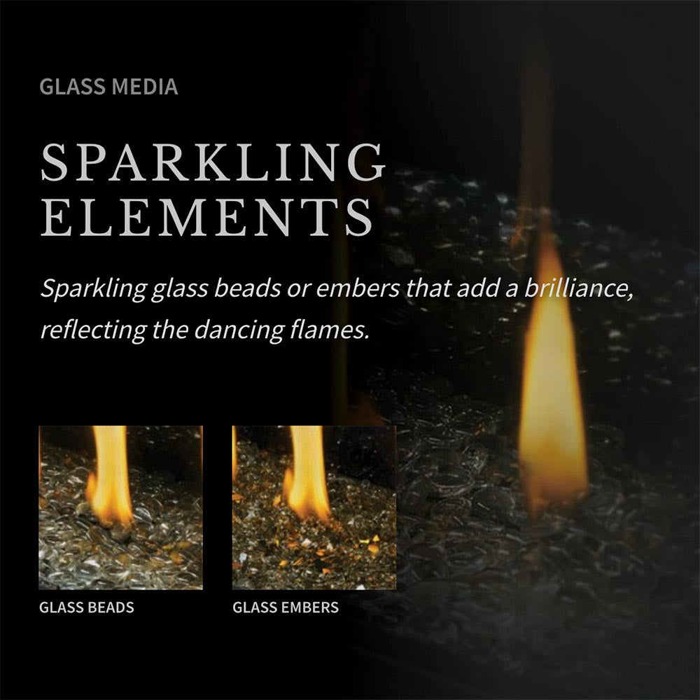 Gas fireplace glass media with sparkling elements and glowing flames