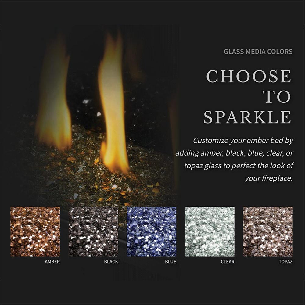 Gas fireplace glass media colors with sparkling ember glow and blue, clear, amber options