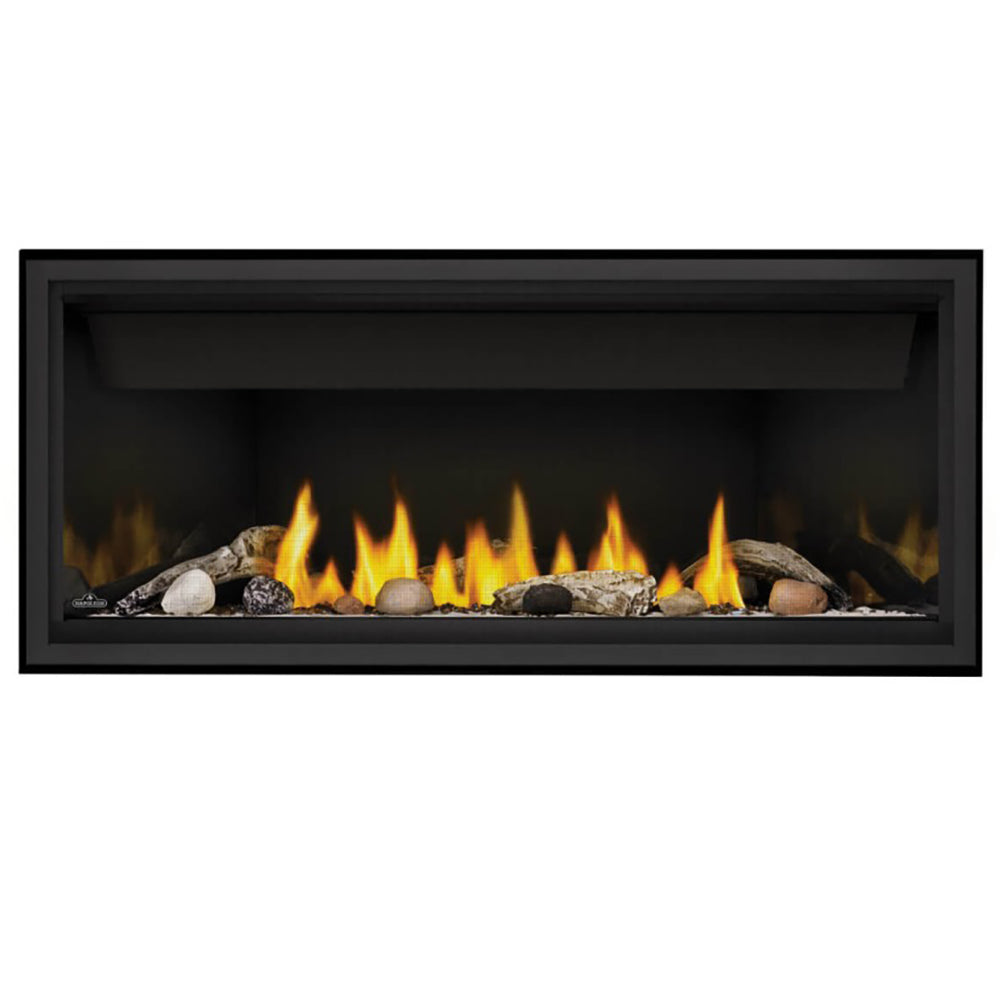 Black glass-front linear direct vent fireplace with glowing flames and stones