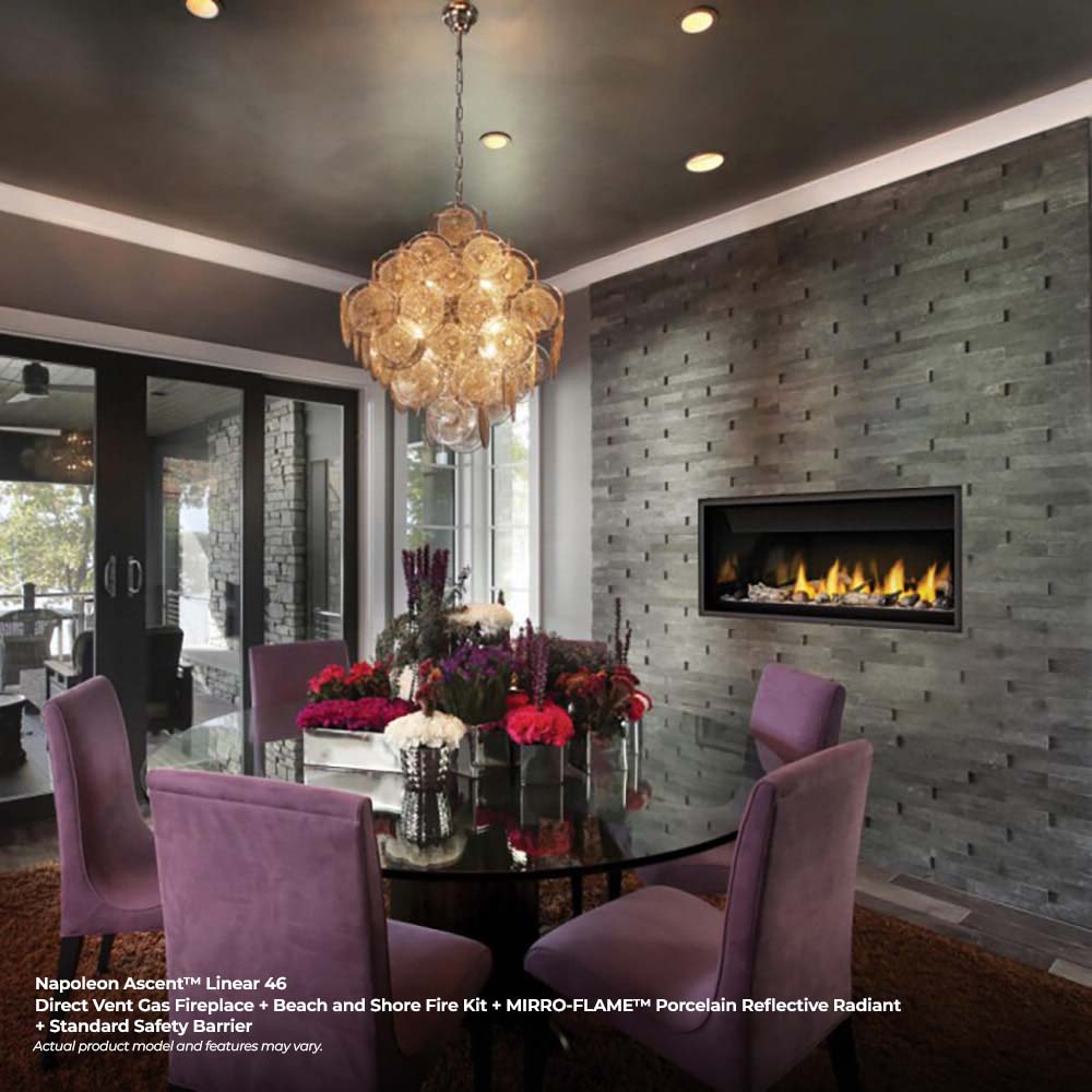 Wall fireplace with black frame and glowing flames, set in modern living room