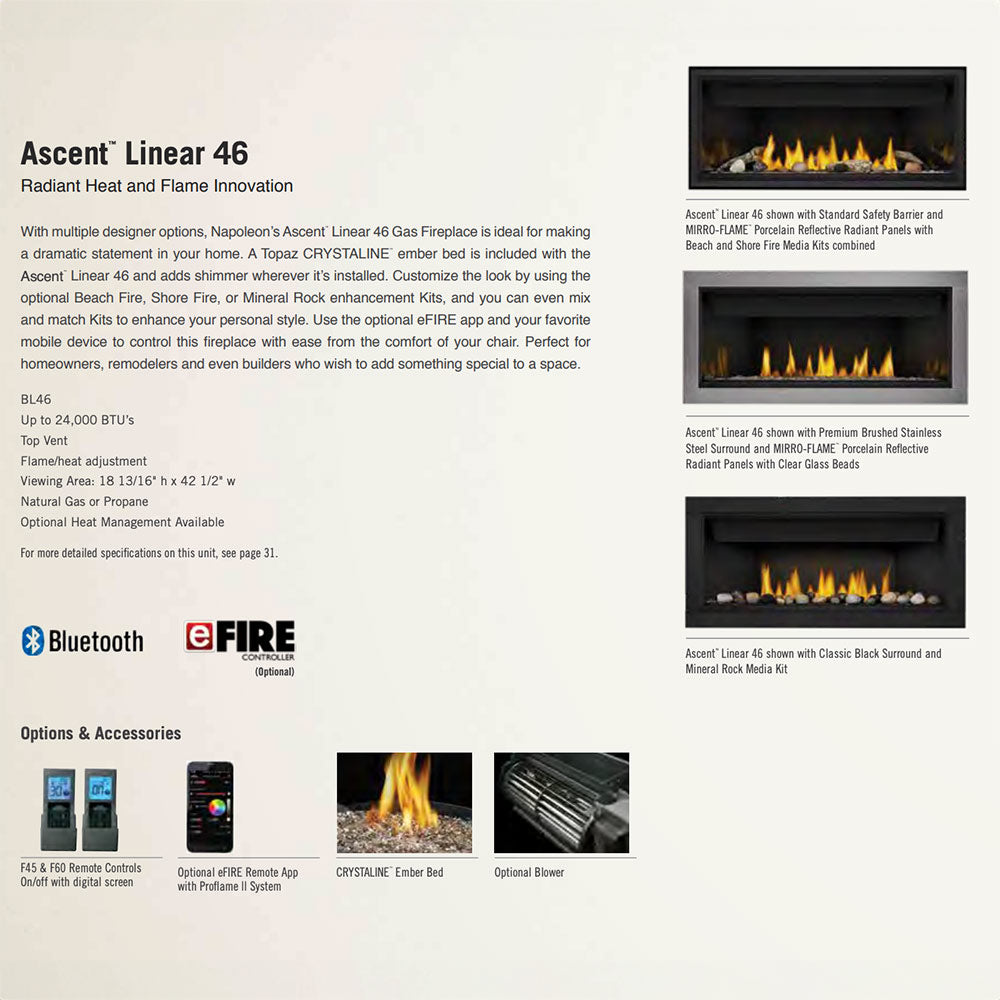 Ascent Linear 46 fireplace brochure page with model photos and specifications