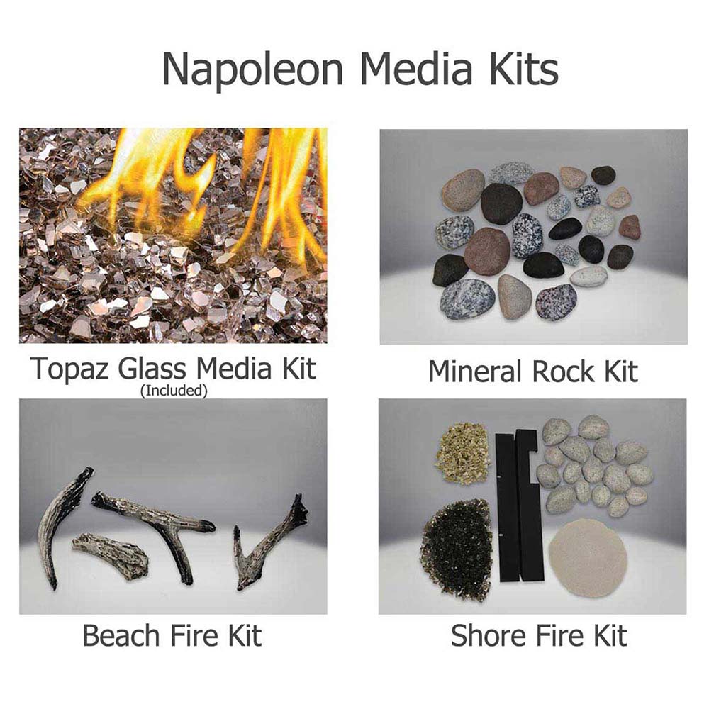 Fireplace media kit samples: glass, mineral rock, beach fire, and shore fire