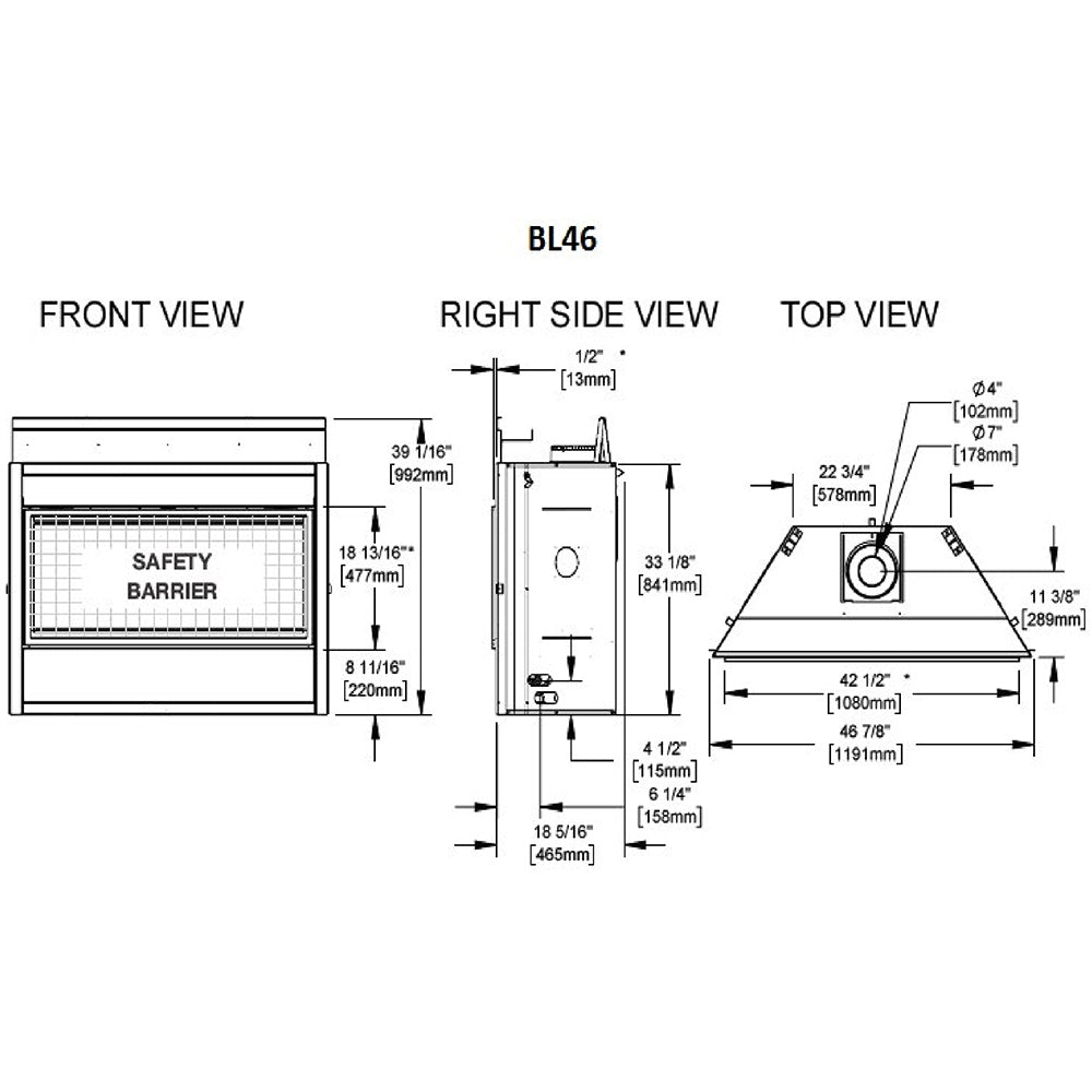 BL46 gas fireplace dimension diagram with front, right side, and top views