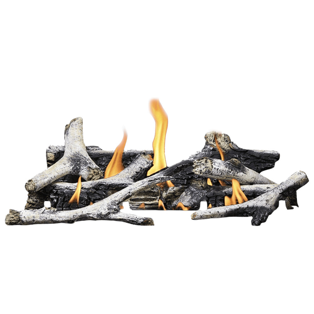 Gas fireplace log set with charred birch logs and visible flames