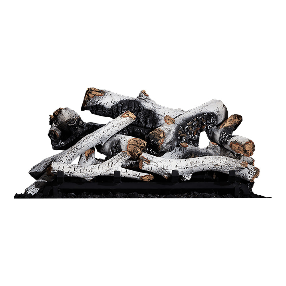 Birch log set for gas fireplace with black and white faux logs on metal base