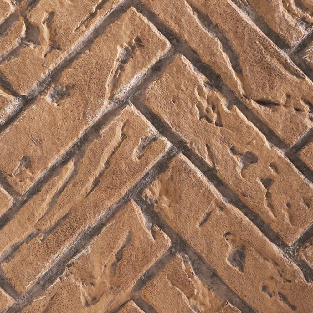 Herringbone ceramic liner tile with tan-brown brick pattern and textured surface