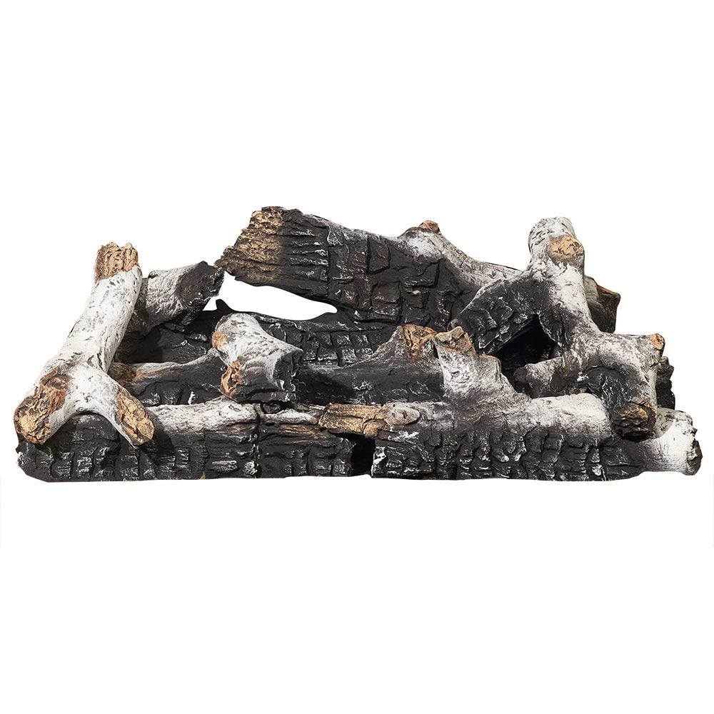 Decorative gas fireplace log set with dark charred logs and birch ends