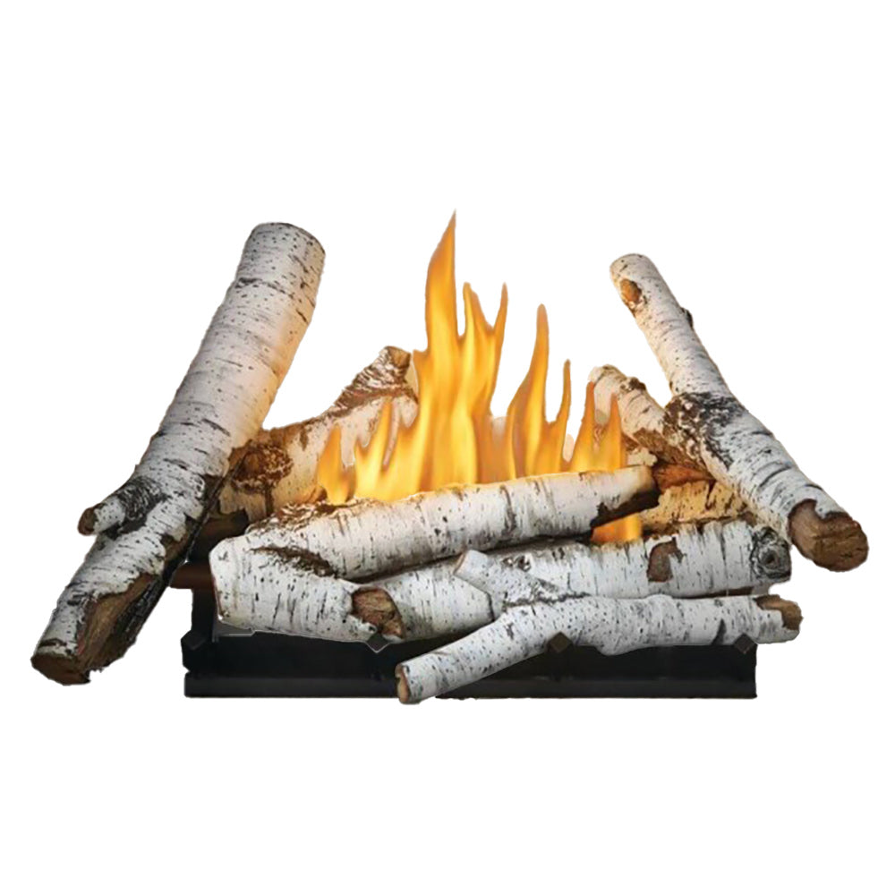 Birch-style outdoor gas fireplace log kit with white speckled logs and flames