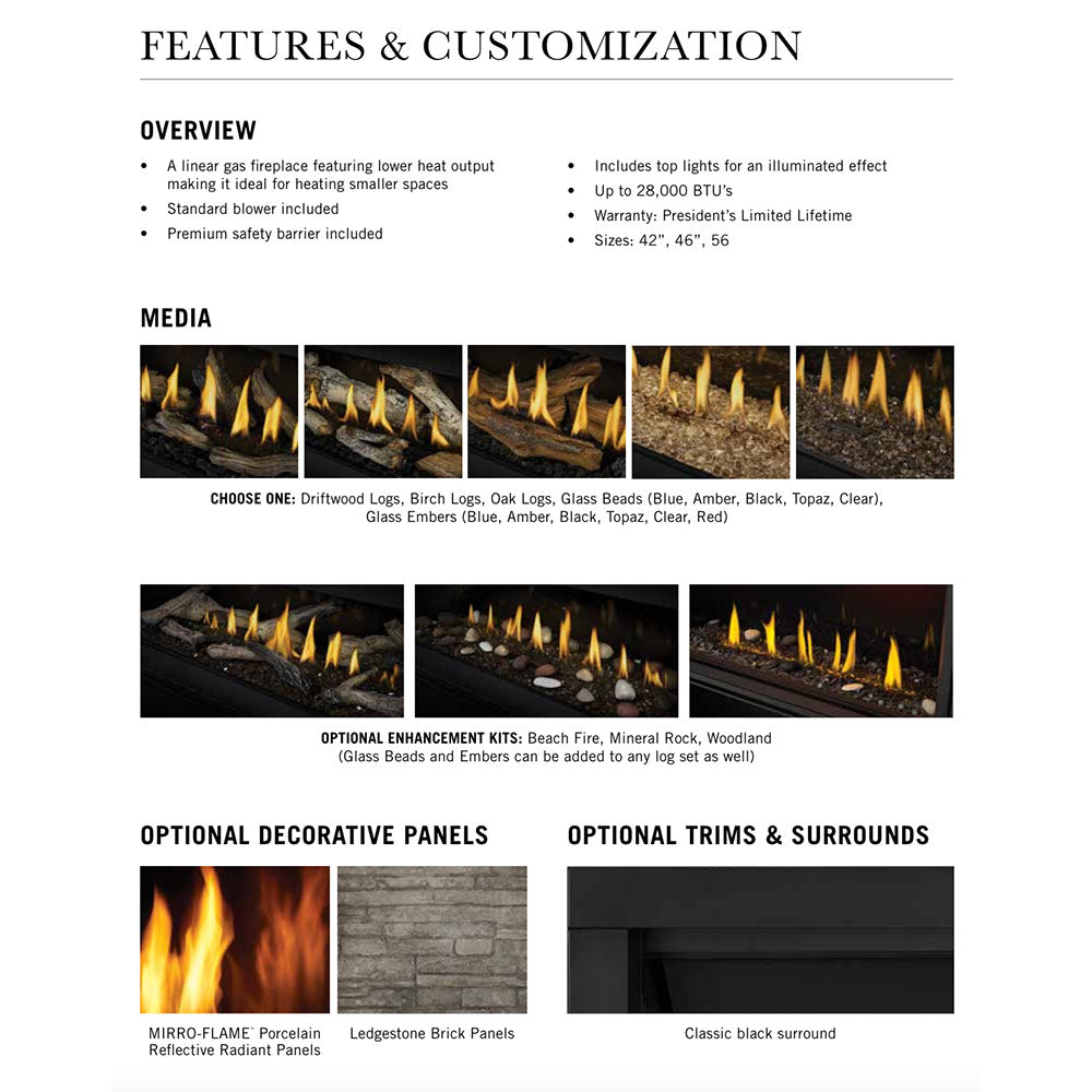 Features and customization chart for linear gas fireplace with media options