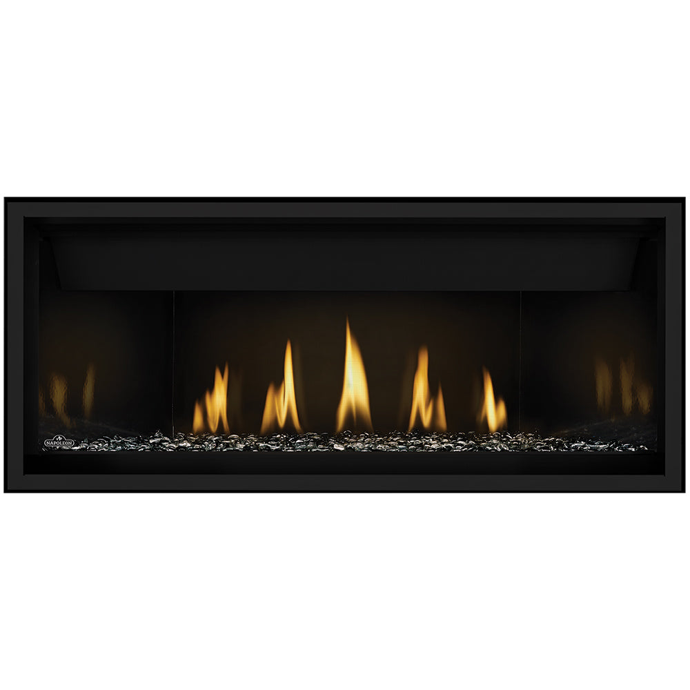 Direct vent gas fireplace with glowing orange flames and dark gray glass embers base