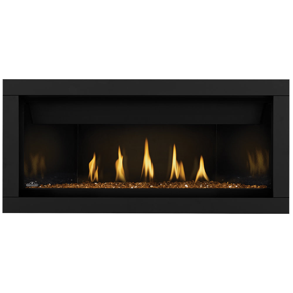 Linear gas fireplace with glowing ember bed and row of flames