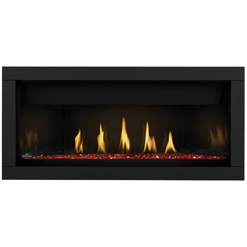Direct vent gas fireplace with glowing orange flames and red glass embers base