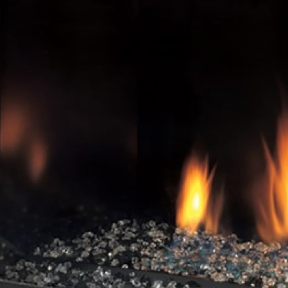 Fireplace glass liner with dark glass beads and visible flames