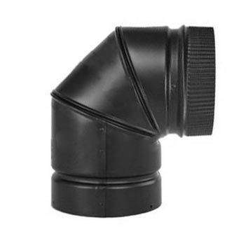 Black 90-degree gas stove elbow vent fitting with threaded end