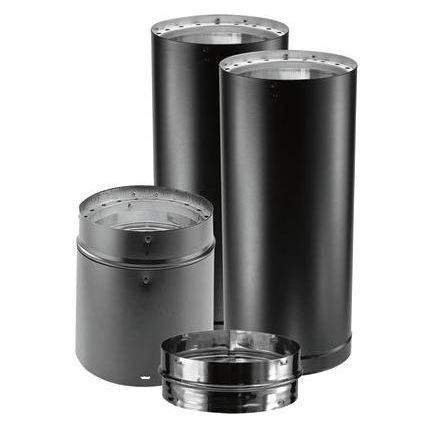 Adjustable rigid stove pipe kit with black sections and silver connector collar