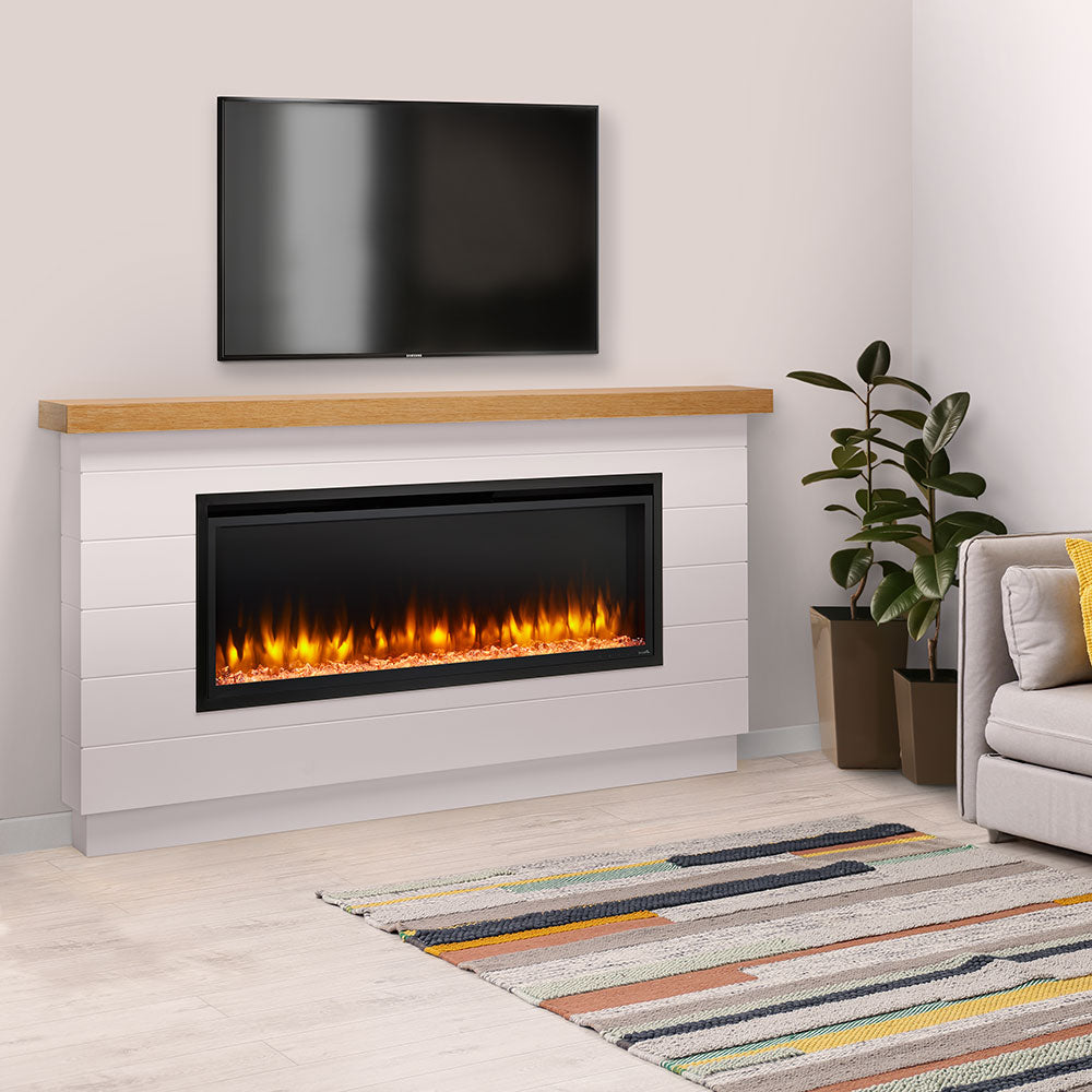Electric fireplace mantel with light gray panels, wood mantle, and orange flame insert