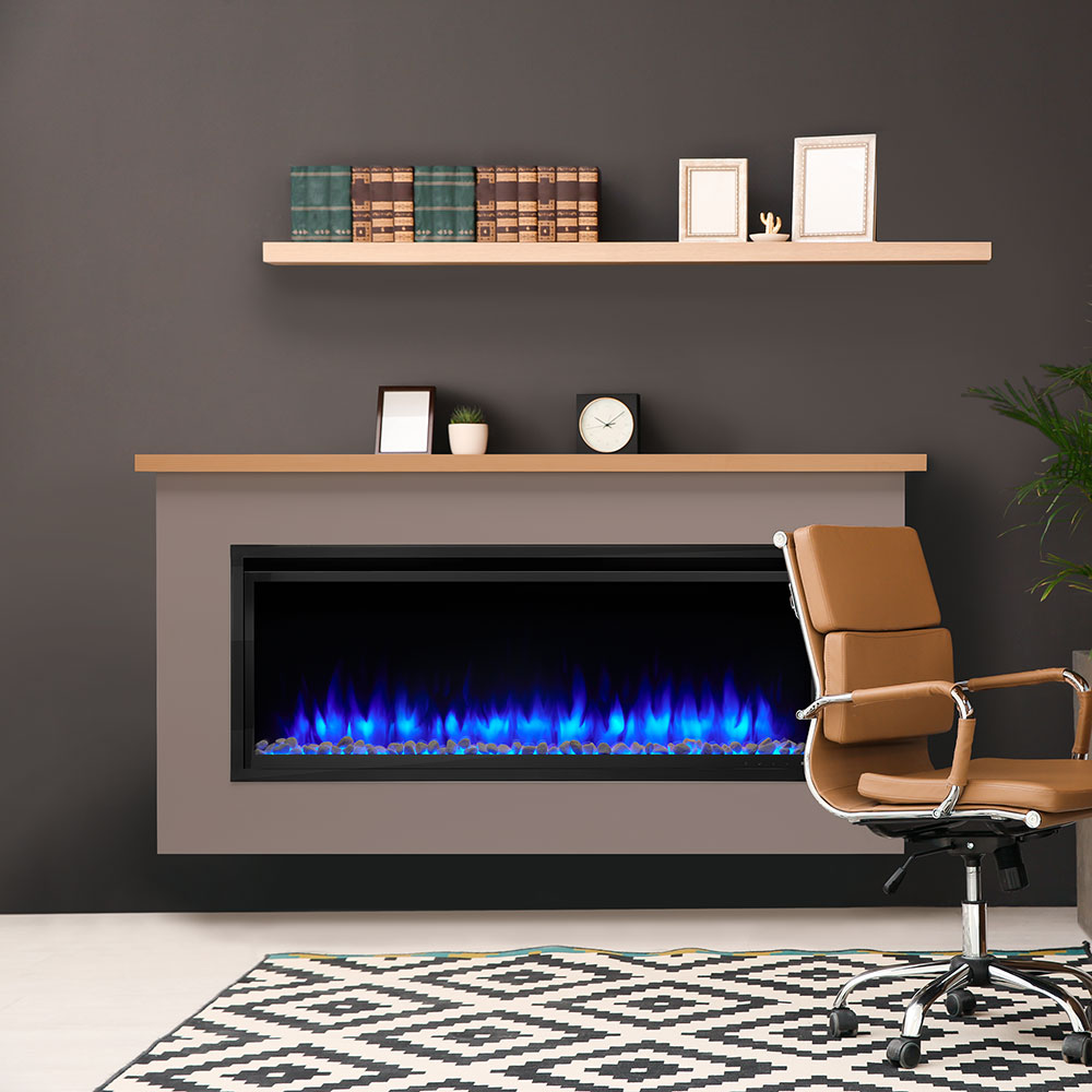 Electric fireplace mantel package with light gray surround, light wood shelves, black firebox