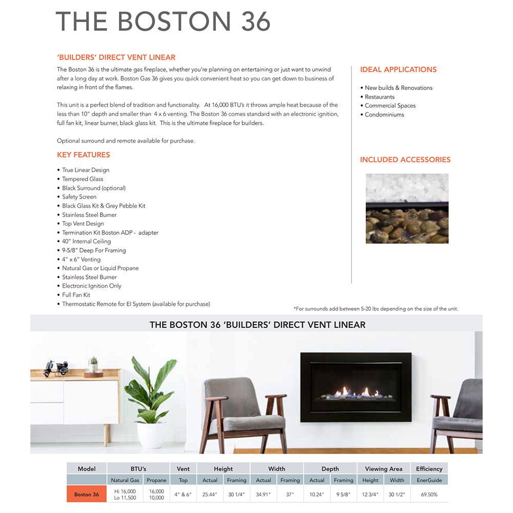 Sierra Flame BOSTON-36-EI 36-Inch Boston Direct Vent Built-In Gas Fireplace with Electronic Ignition, Fireglass and Pebble Media
