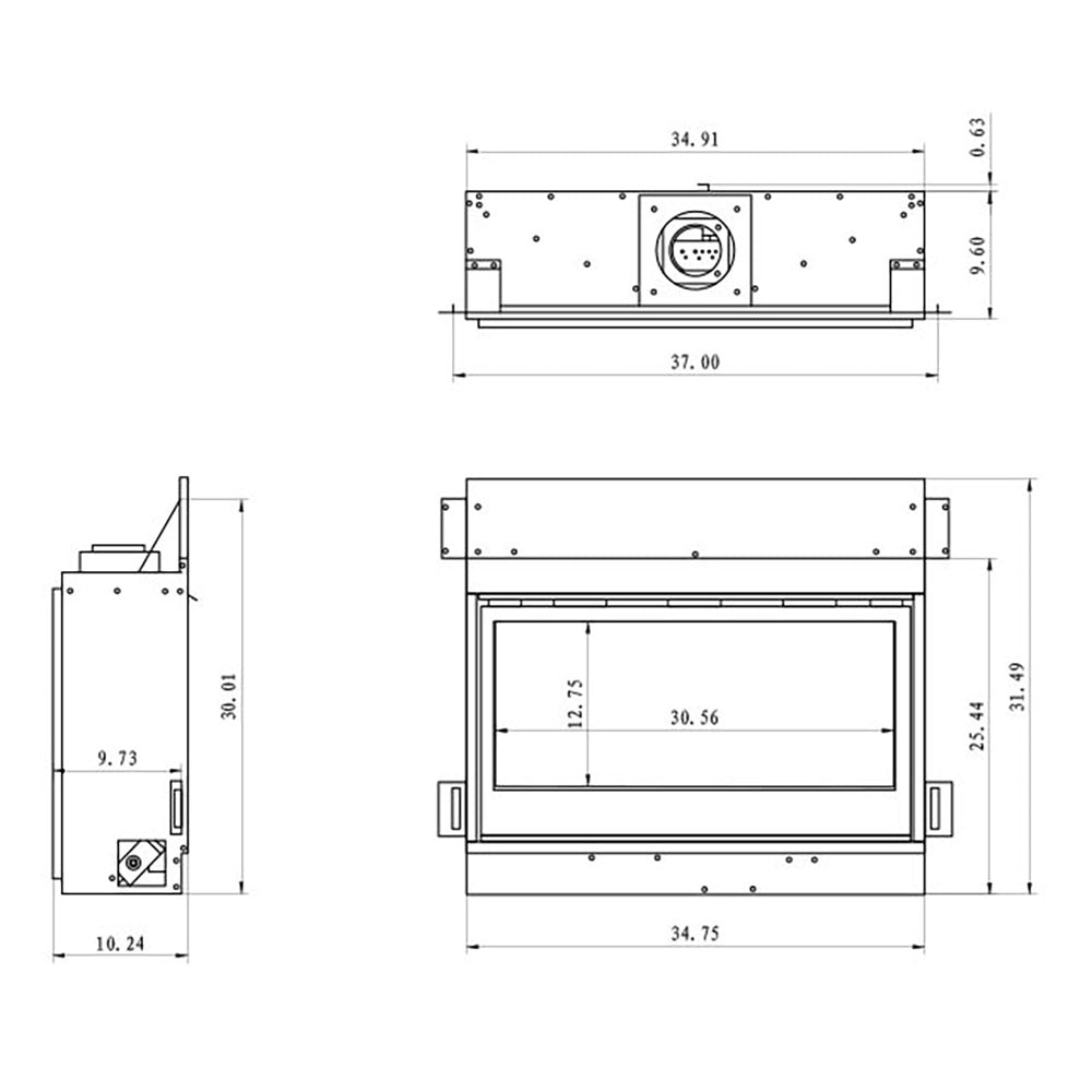 Technical dimension drawing of a rectangular built-in gas fireplace