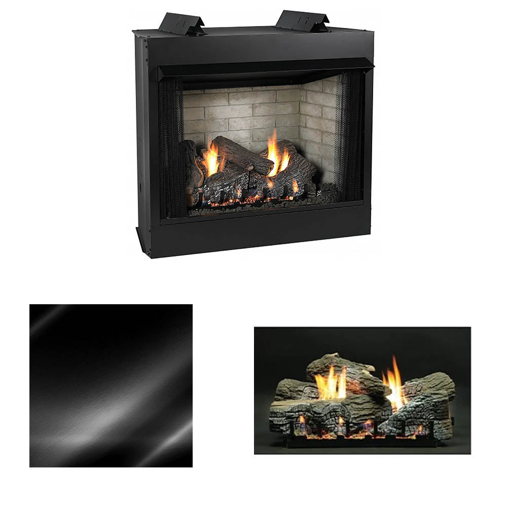 Ventless gas fireplace firebox with black surround, dark surface finish, and flame logs