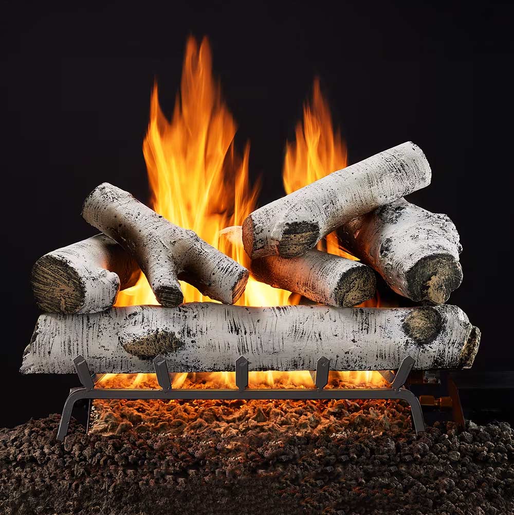 Vented birch outdoor gas log set with burning logs