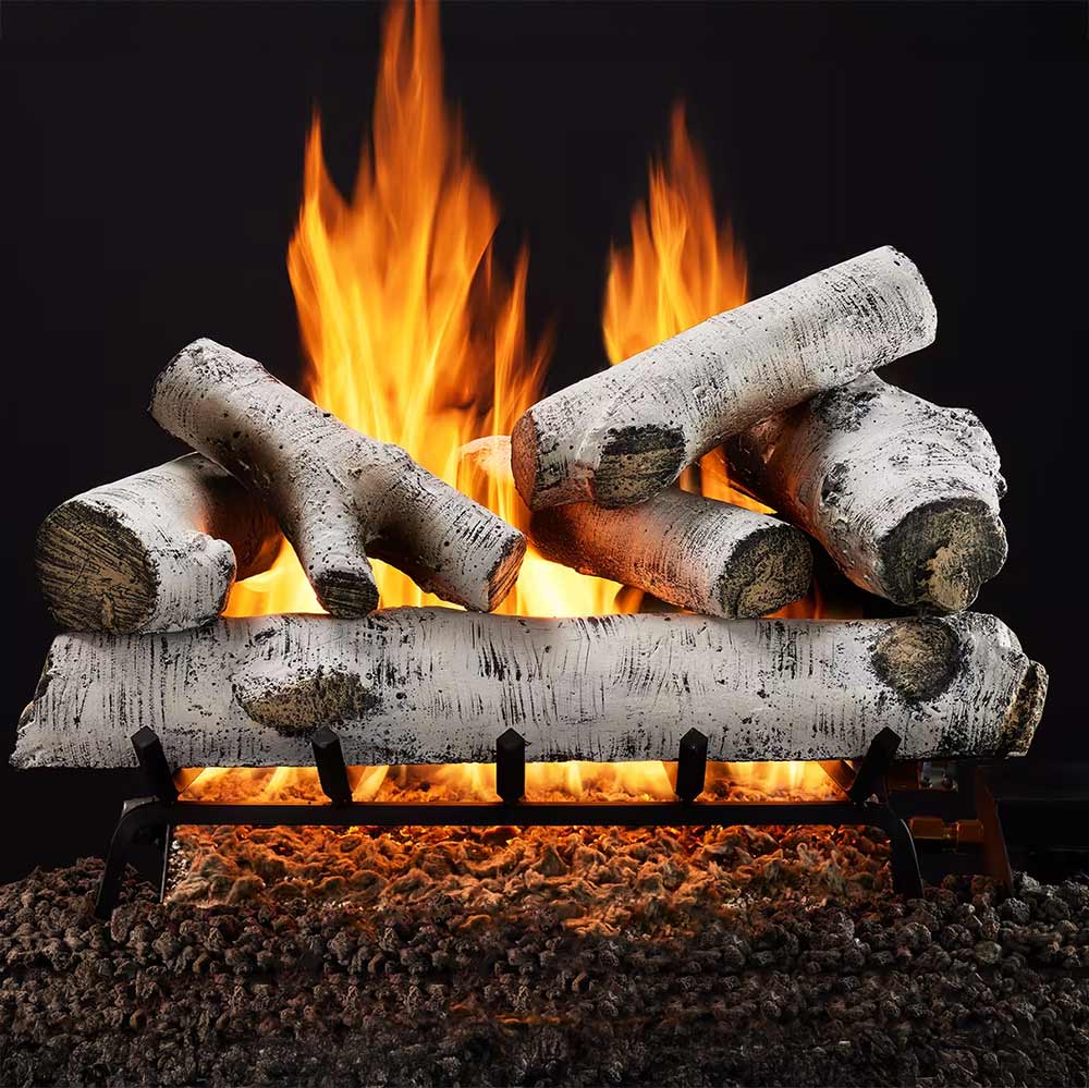 Birch-style gas log set with vented single tube burner and open flames