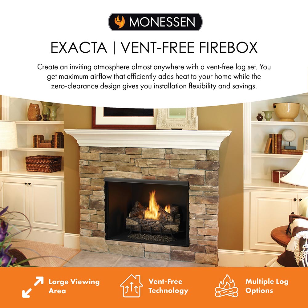 Vent-free fireplace firebox with burning gas log set and black front screen
