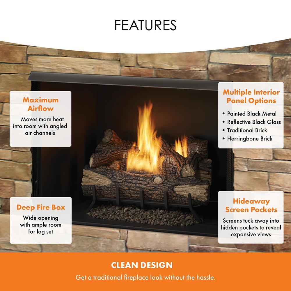 Vent-free firebox with burning gas log set behind black metal screen