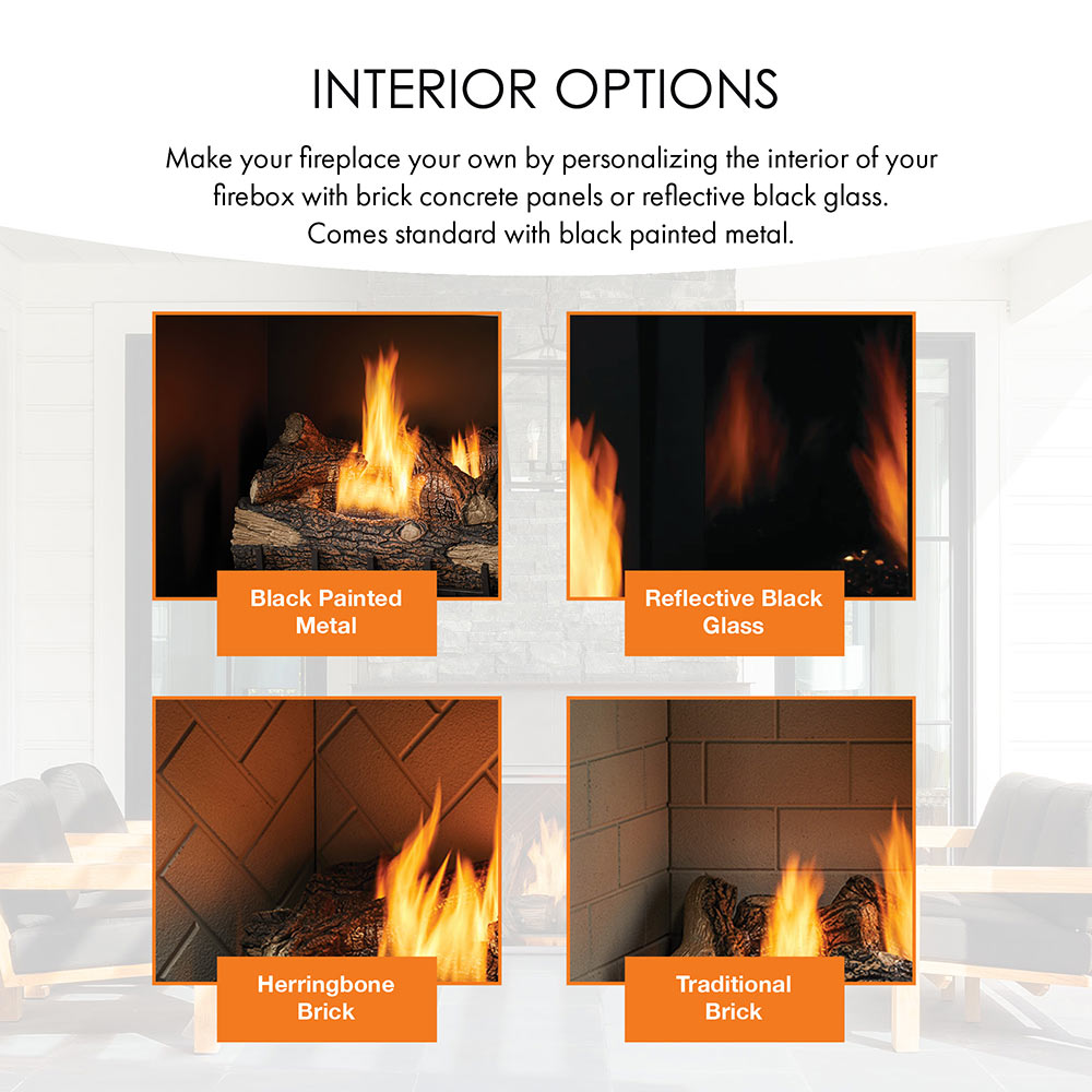 Vent-free firebox interior options with black metal, reflective black glass, brick panels