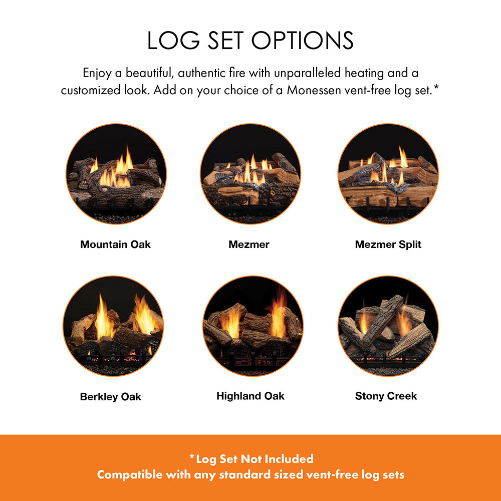 Vent-free log set options showing different burning log arrangements in round views