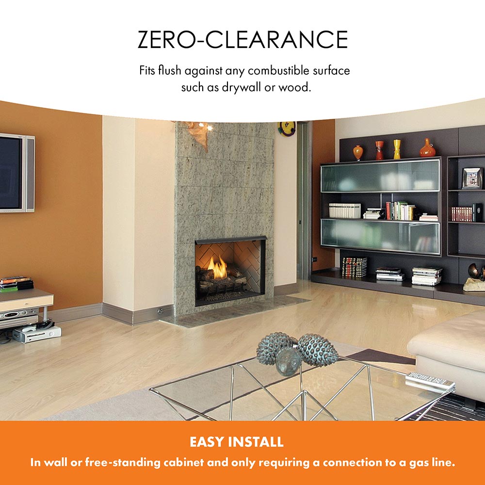 Zero-clearance vent-free fireplace with burning gas logs near surrounding surfaces