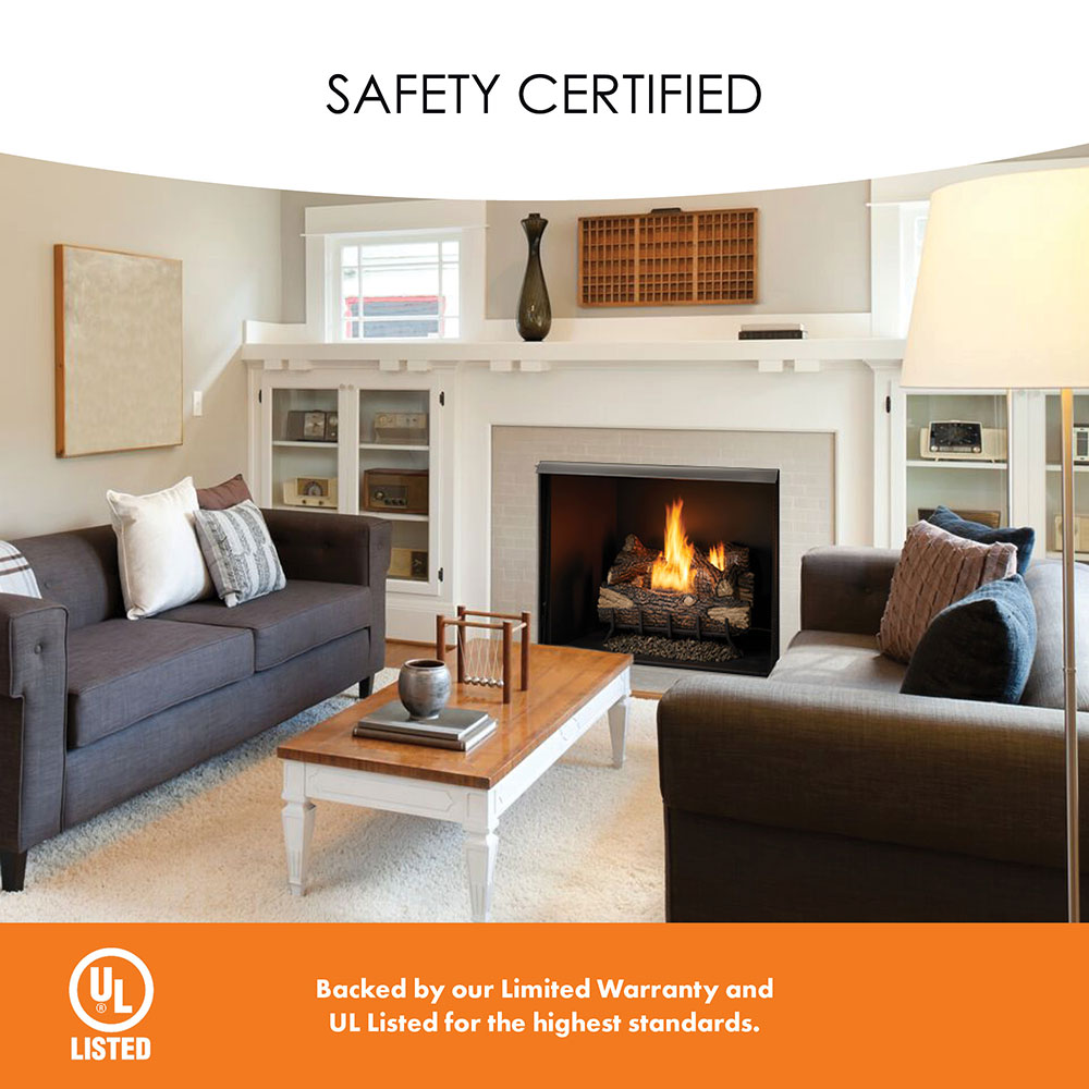 Vent-free fireplace with burning gas log set in a living room setting