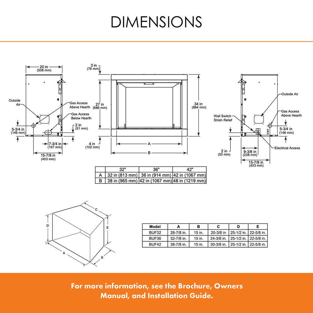 Vent-free firebox dimensions diagram with side, top, and access measurements