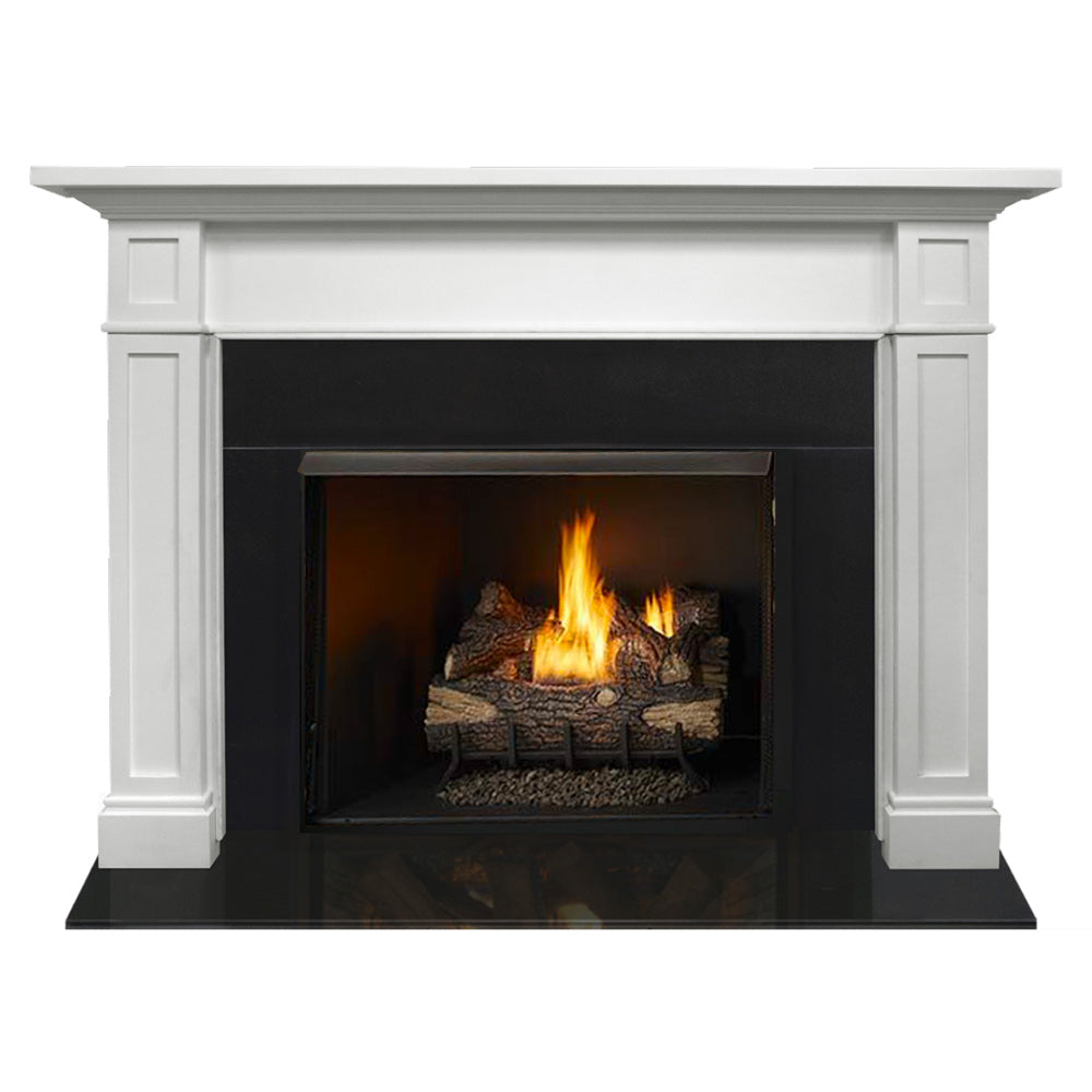 White flush mantel with dark firebox opening and burning log set