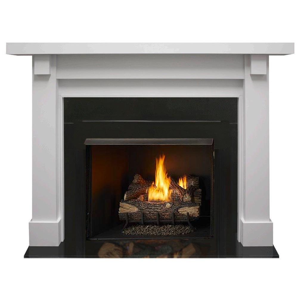 White fireplace mantel with black vent-free firebox and burning log set