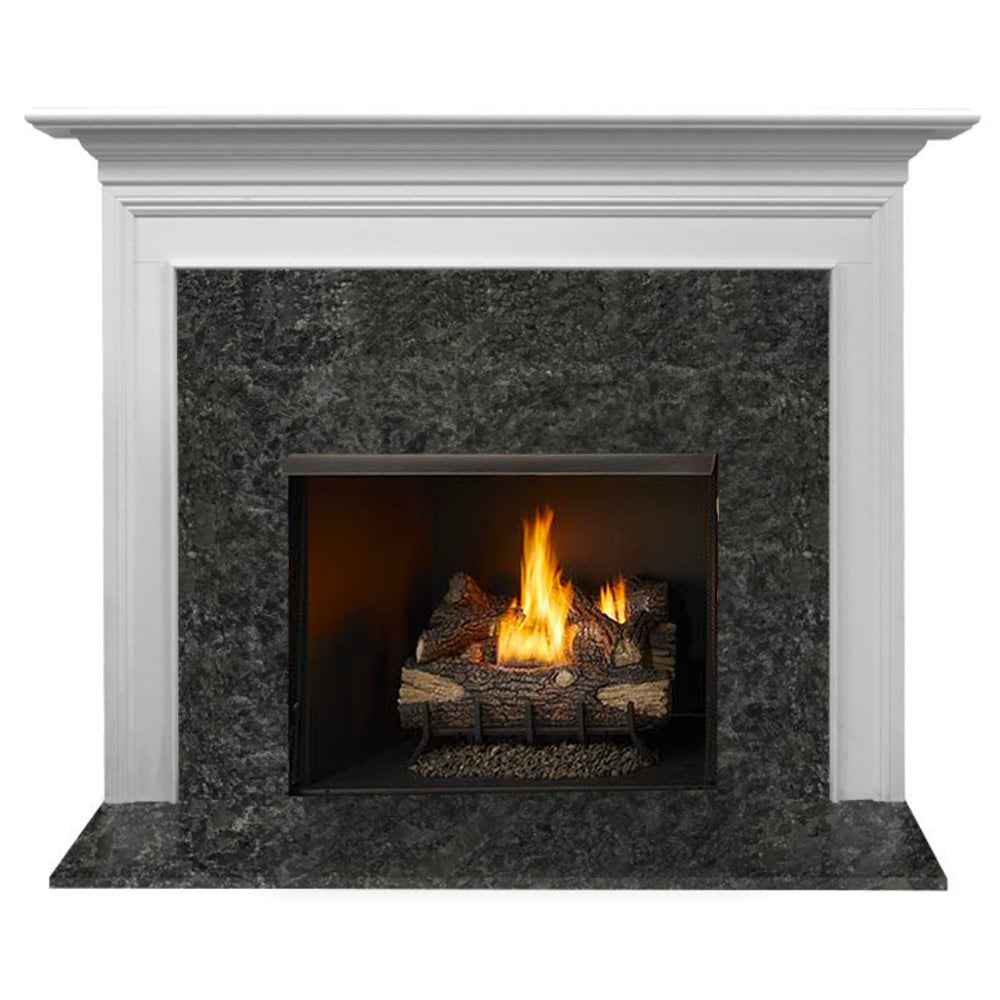 White flush mantel fireplace surround with dark firebox and visible flames
