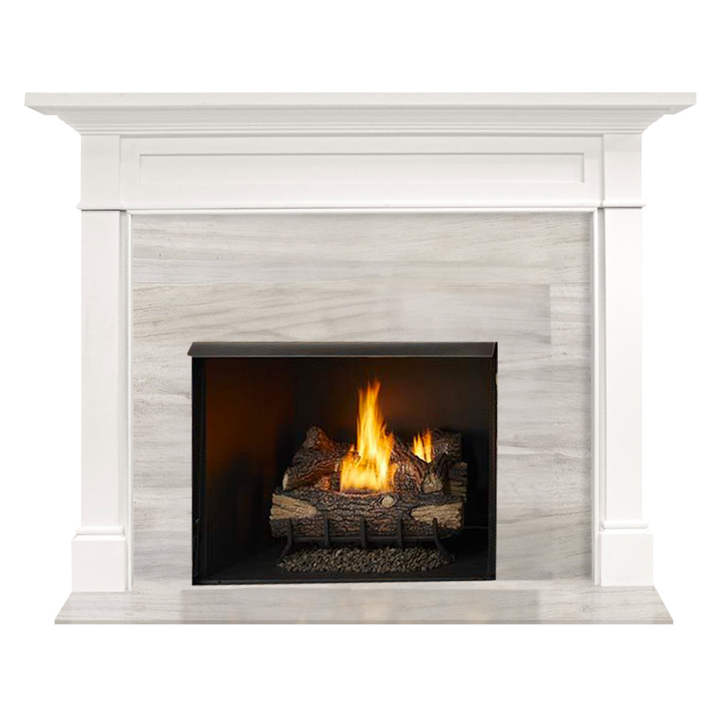 Primed MDF flush mantel with built-in vent-free firebox and log set, shown with flames