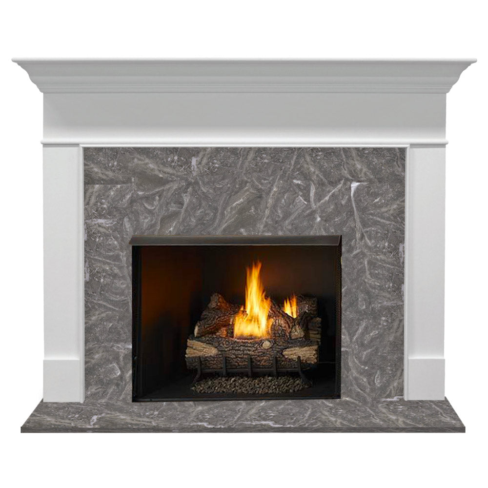 White vent-free fireplace mantel with gray stone surround and burning black firebox