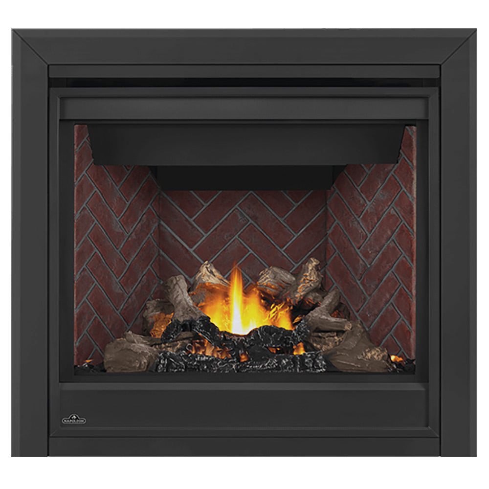 Direct vent gas fireplace with dark surround, glass front, and burning logs
