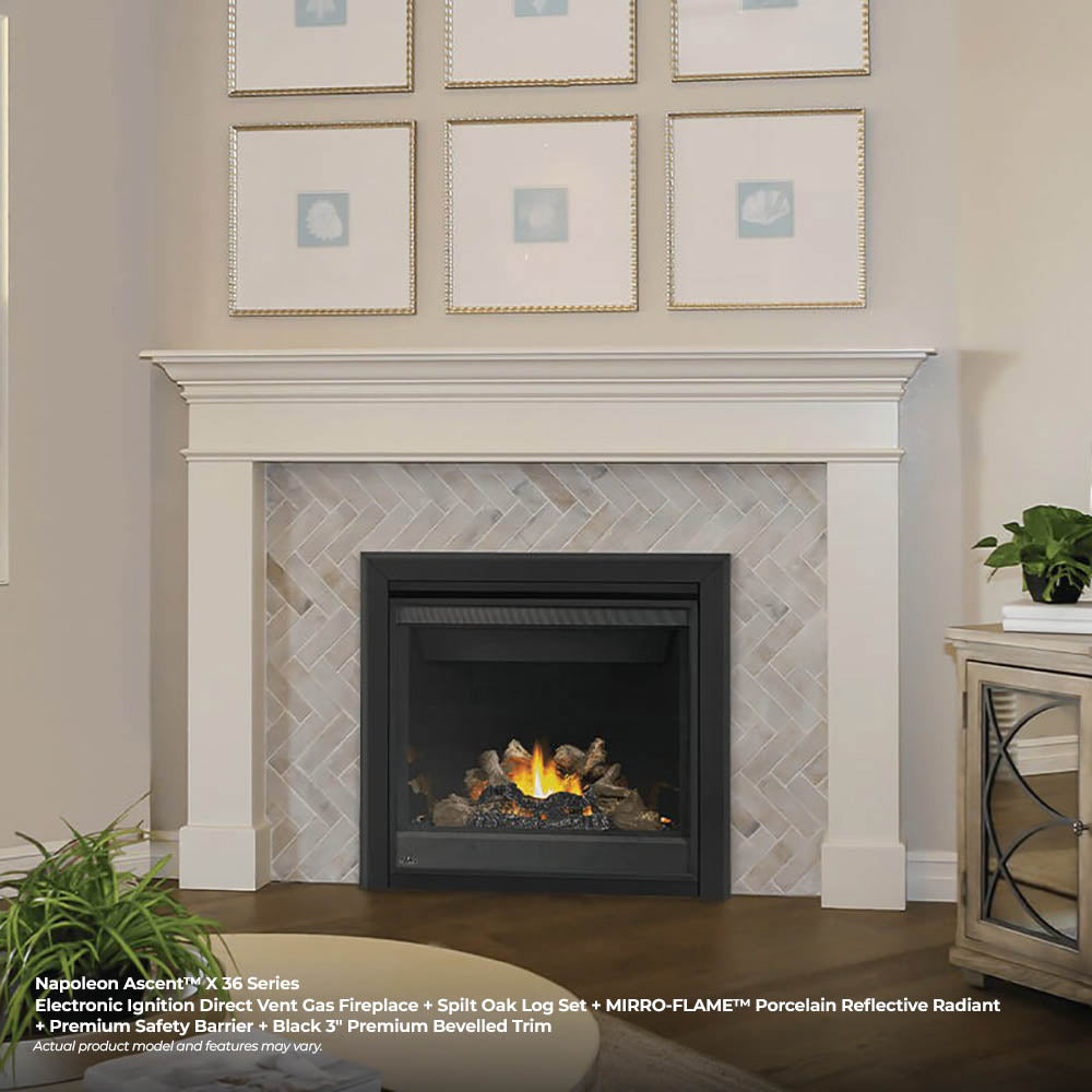 Black direct vent gas fireplace set in a white mantel with flames behind glass.