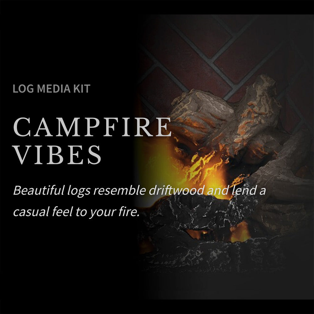 Direct vent gas fireplace firebox with burning logs and glowing embers in the hearth.