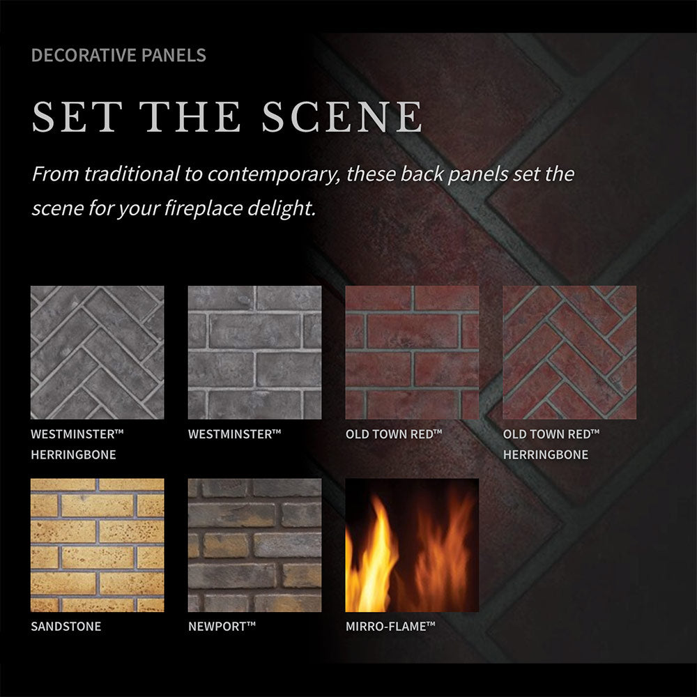 Direct vent gas fireplace firebox with flames and multiple decorative back panel samples.