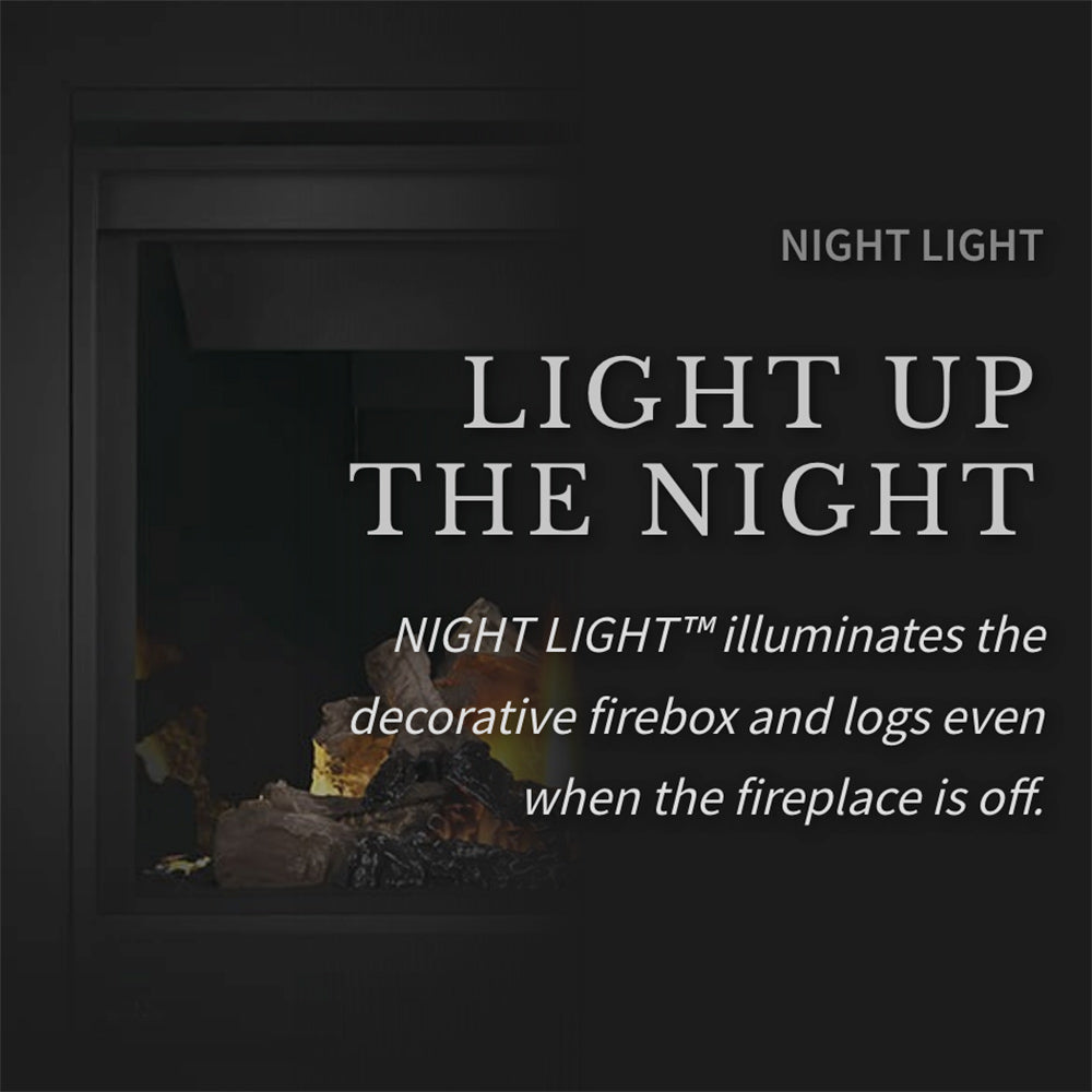 Black direct vent gas fireplace firebox with logs and embers, night light effect.