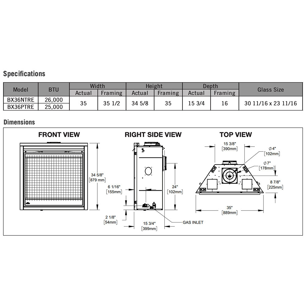 Technical drawing of a direct vent gas fireplace: front, right side, and top views.