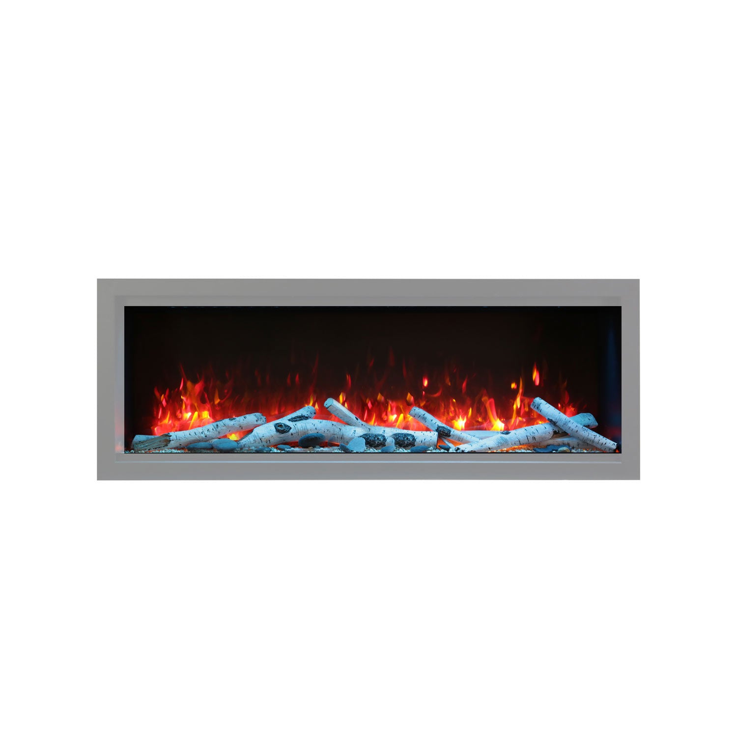 Birch log set in a fireplace with burning flames and gray faux logs