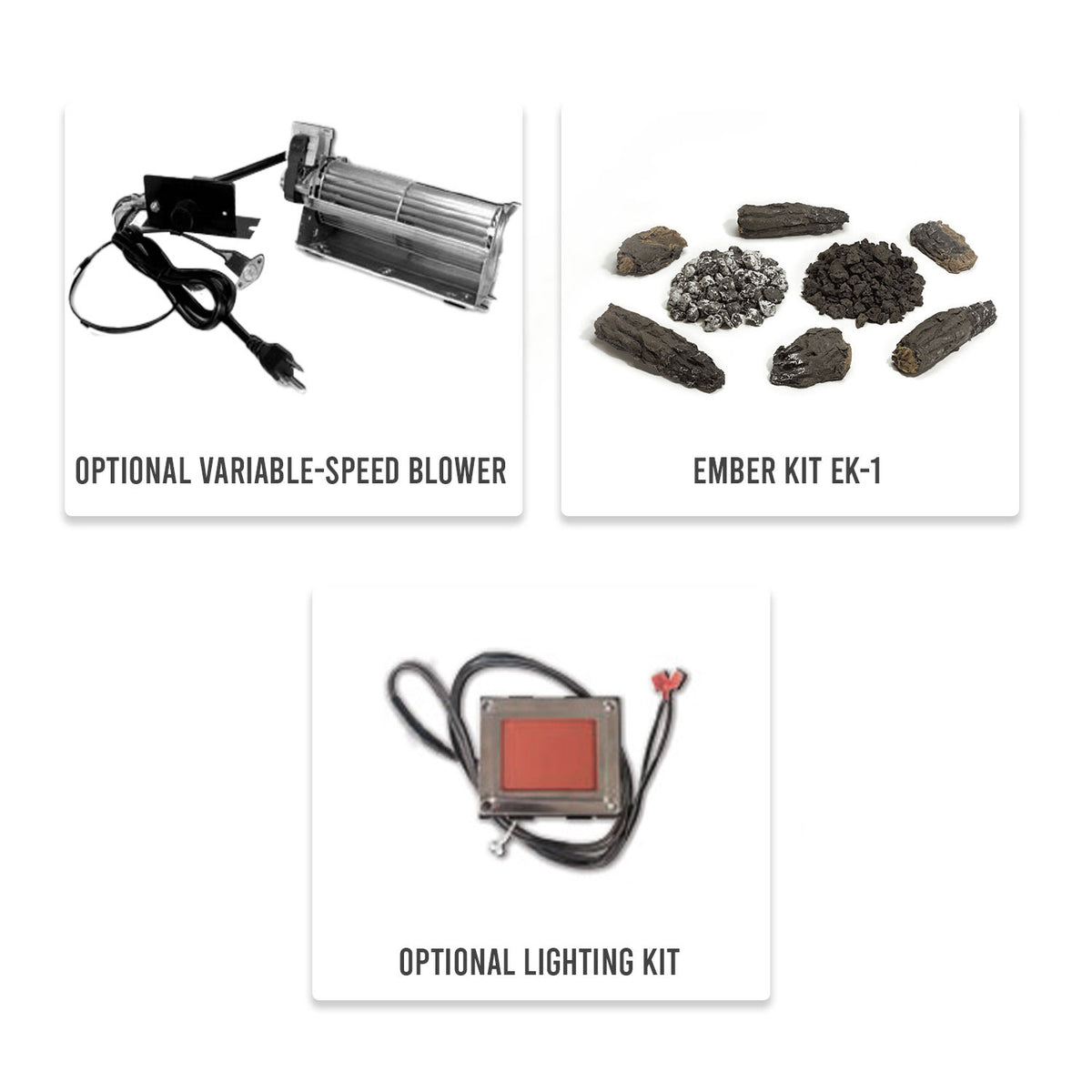 Fireplace variable-speed blower, lighting kit, and ember kit contents