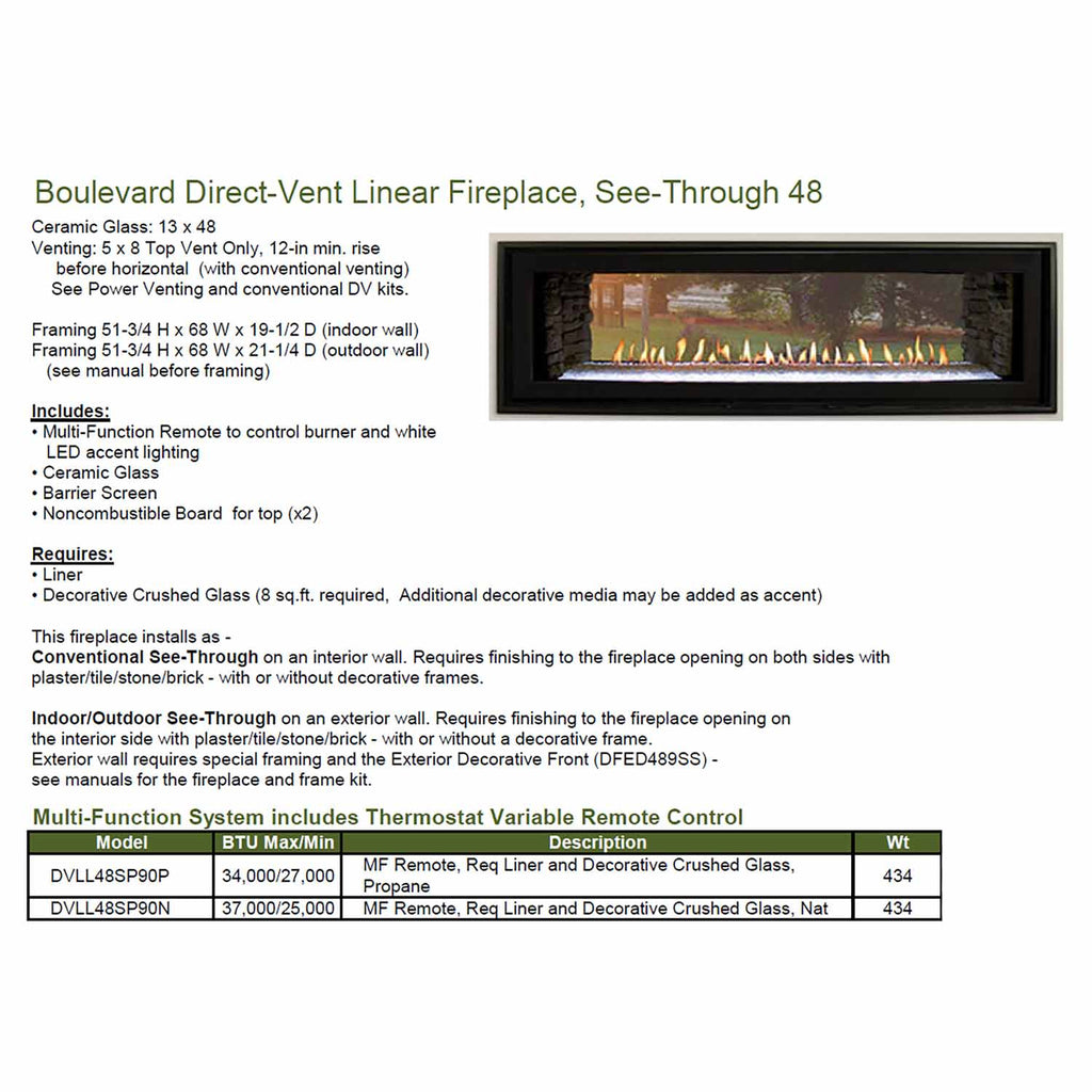 Double-sided linear direct-vent fireplace spec sheet with dimensions and features