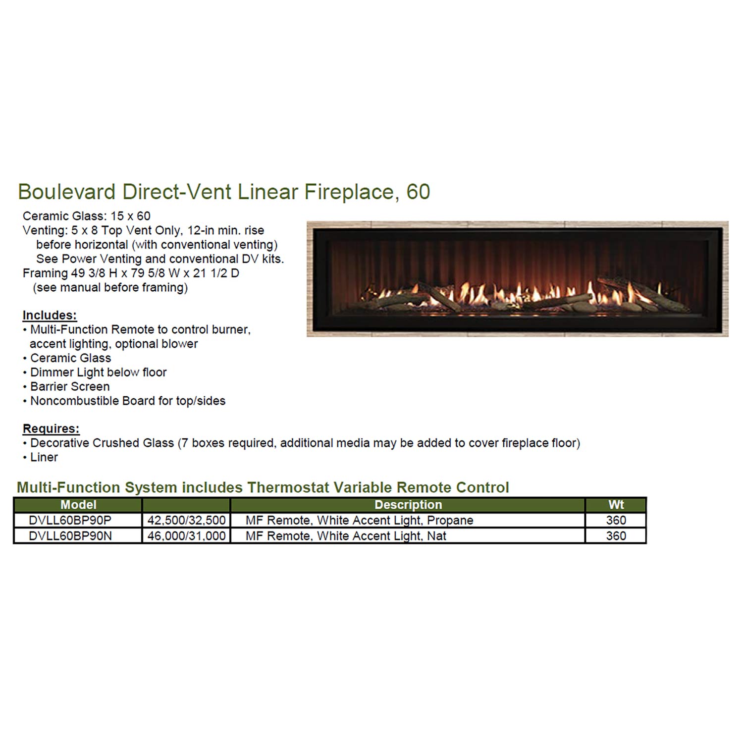 White Mountain Hearth DVLL60 Boulevard Direct Vent Linear Fireplace, 60-Inches